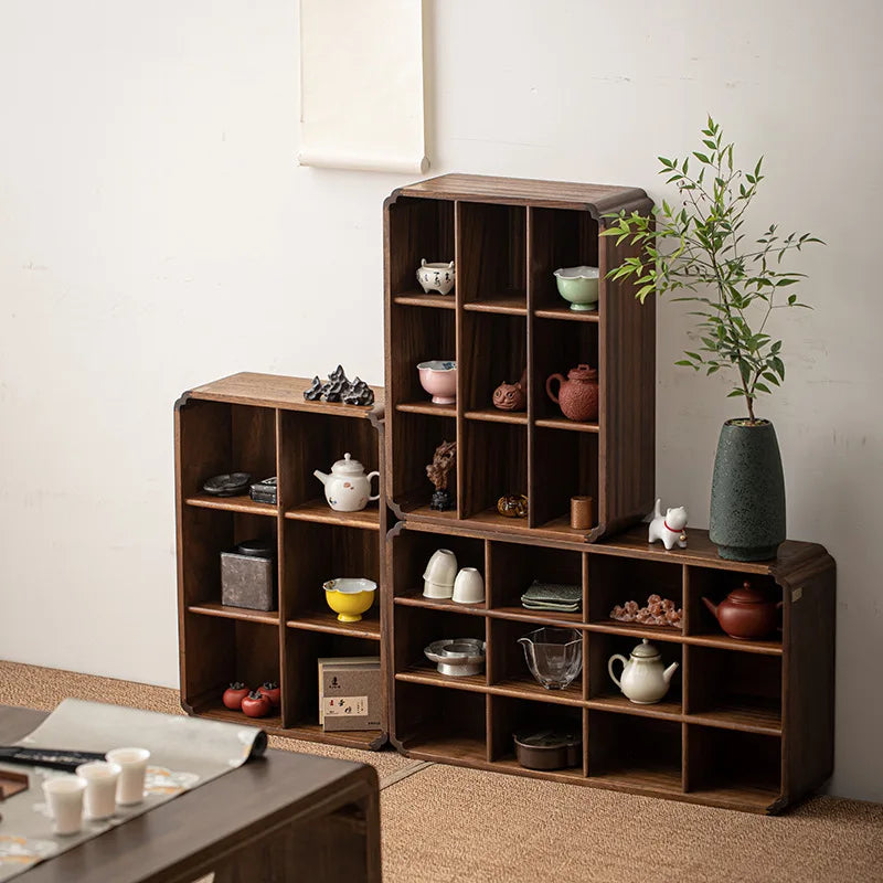 meuble compartiments marron foncé bois naturel moderne rangement objets décoration