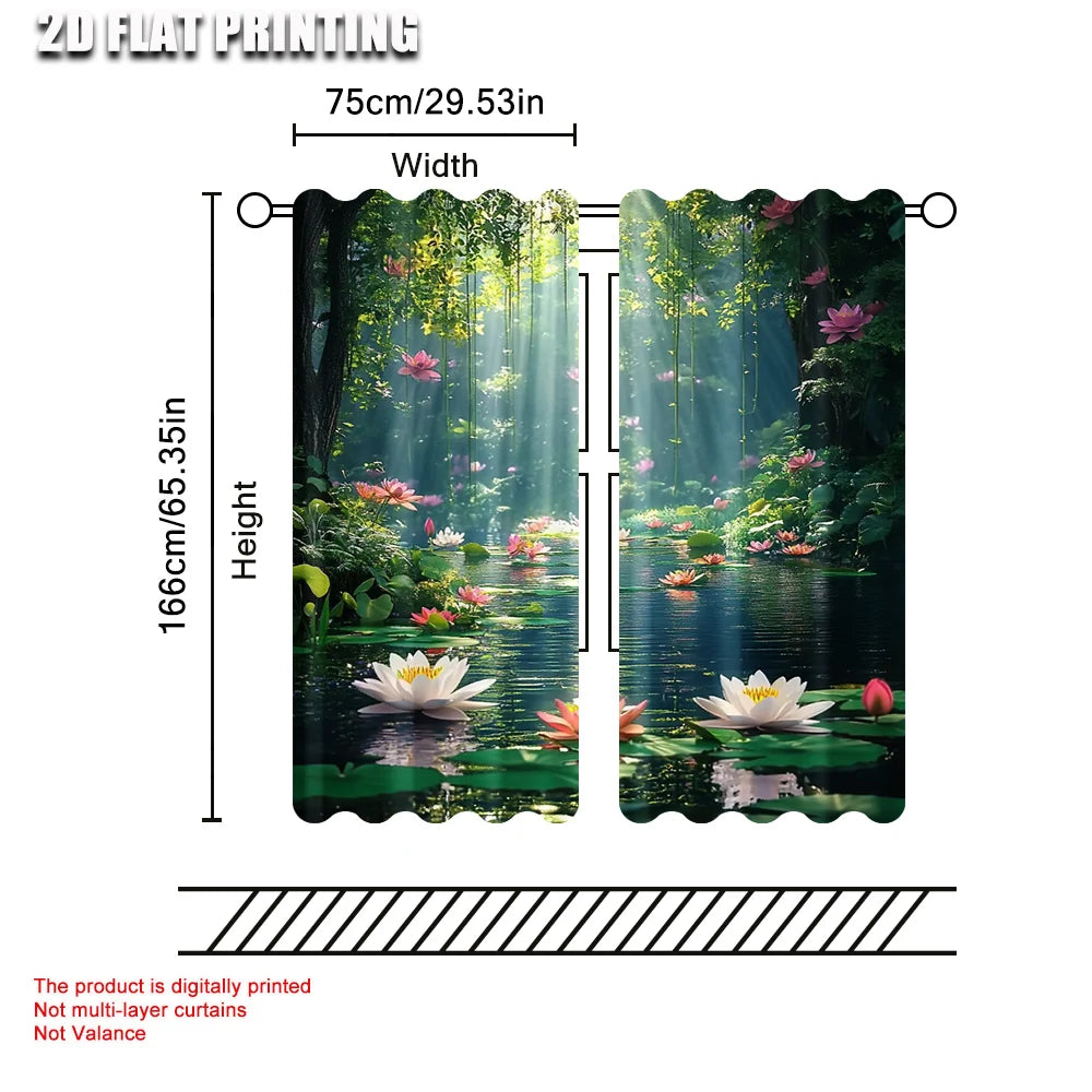 rideau polyester paysage forêt fleurs lotus moderne opacité vert blanc rose