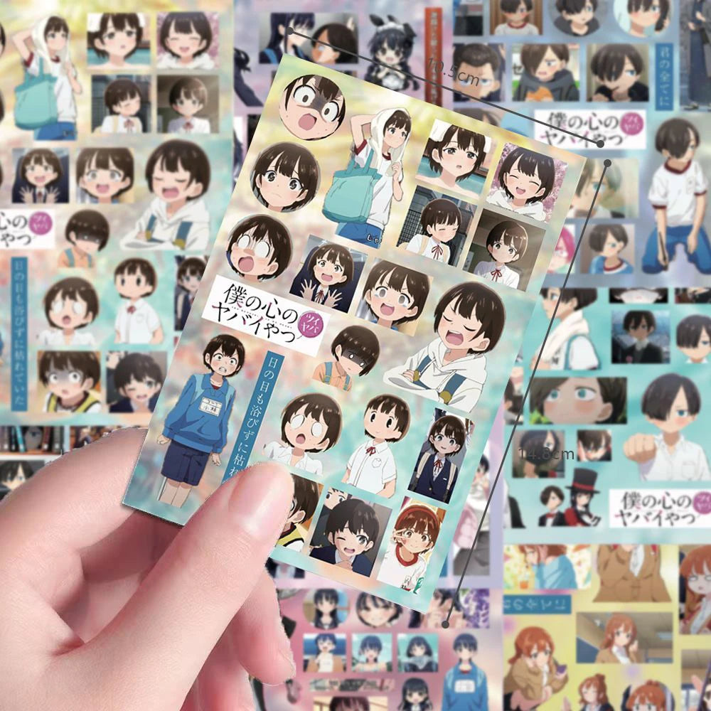 sticker anime personnages expressions faciales violet bleu jaune orange gris opacitéscrição:utf 8;q=microsoft=utf