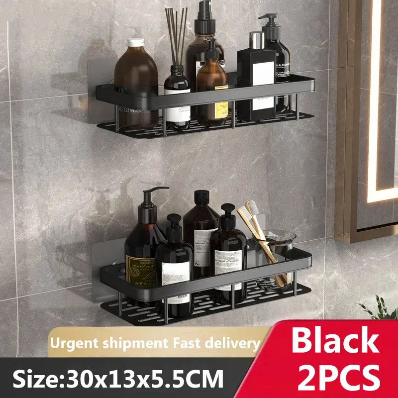 étagères salle bain moderne noires dorées mural sans perçage double niveau aluminium inoxydable