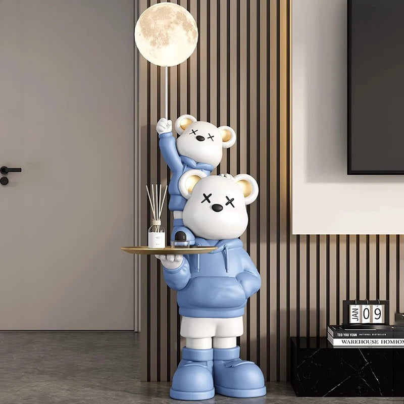 statue nounours sportifs bleu orange beige contemporaine résine lampe diffusion huiles essentielles