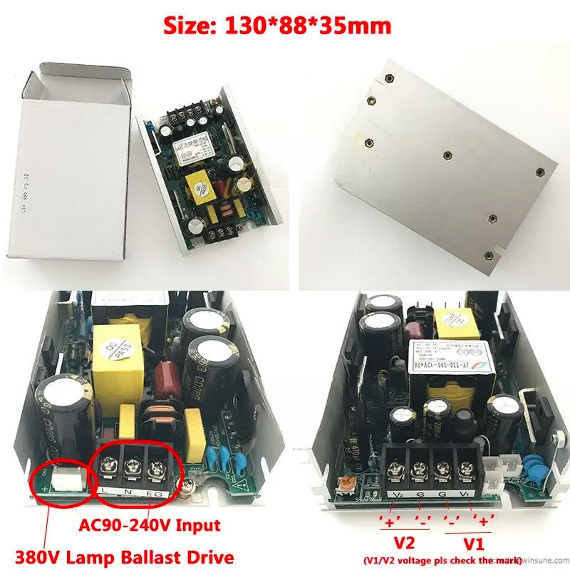 transformateurs alimentation projecteurs scène lampes faisceau mobiles circuits imprimés condensateurs bobines orangers grisés jaunes
