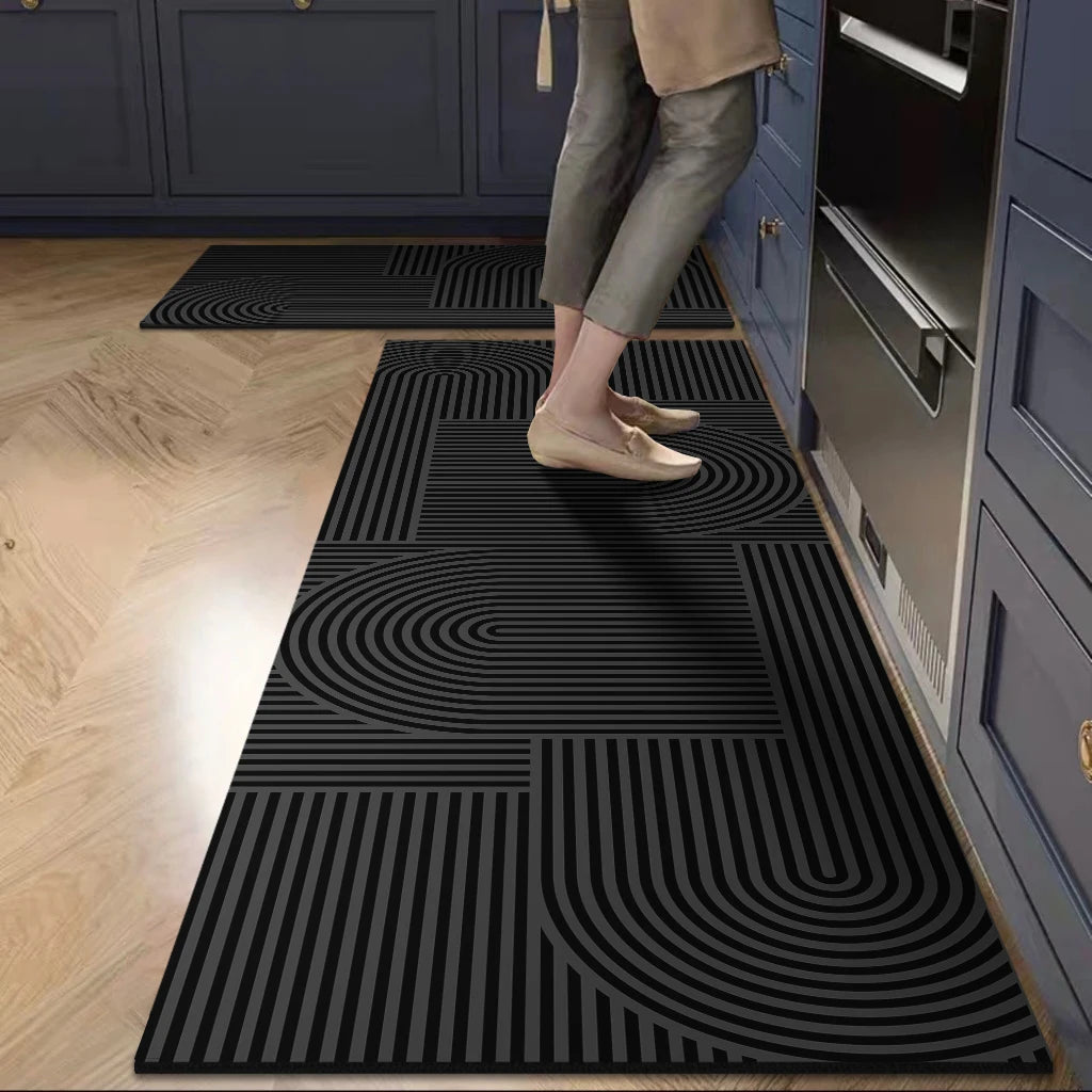 tapis sol noir rayures circulaires moderne adhésif intérieur cuisine salle bain porte absorption