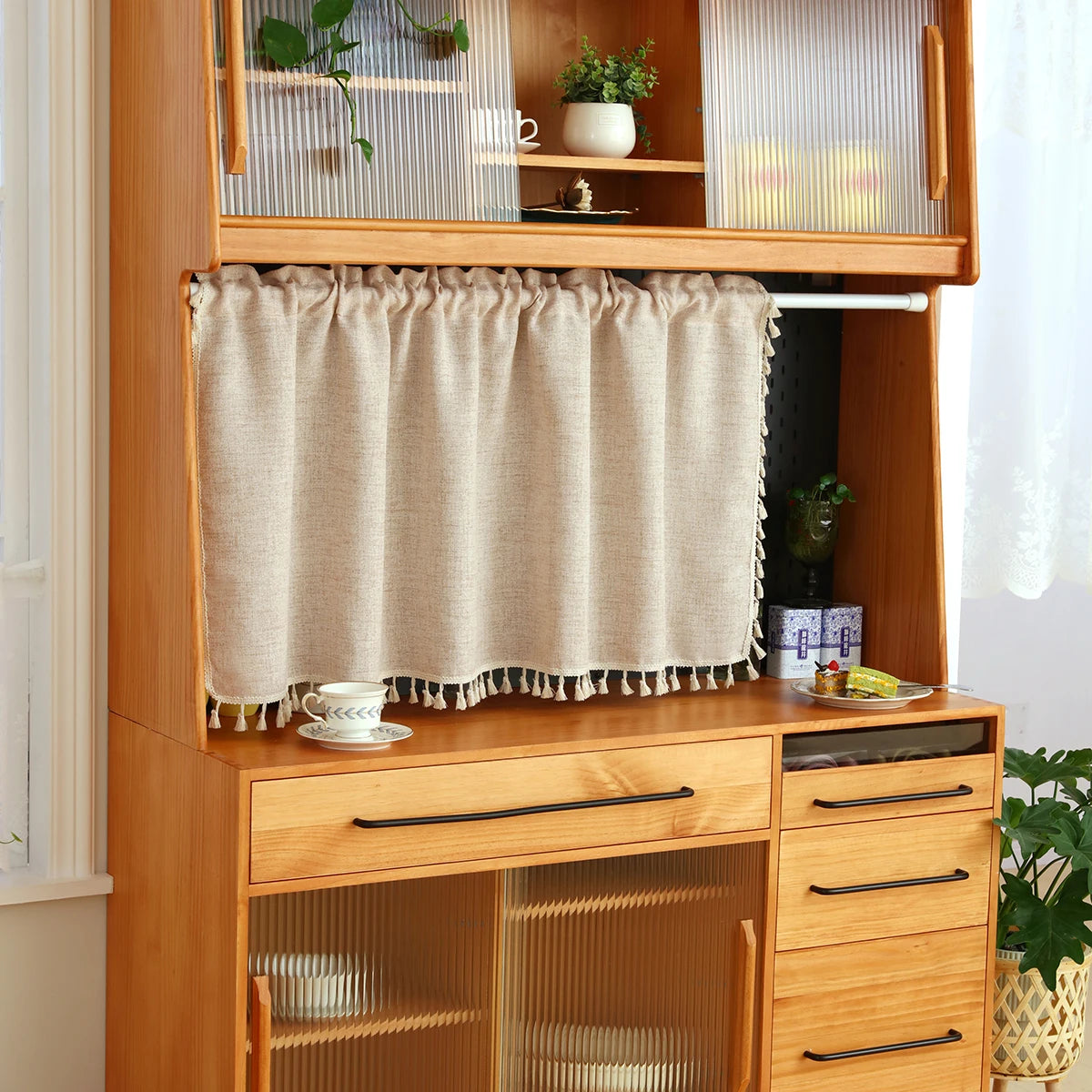 rideau rustique polyester beige clair franges cuisine salon simple élégant
