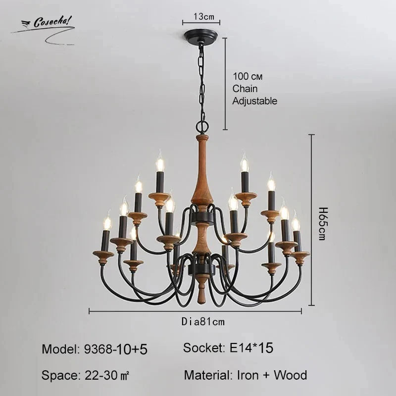 lustre bois vintage noir ampoules e14 cinq bras salon chambre coucher rustique