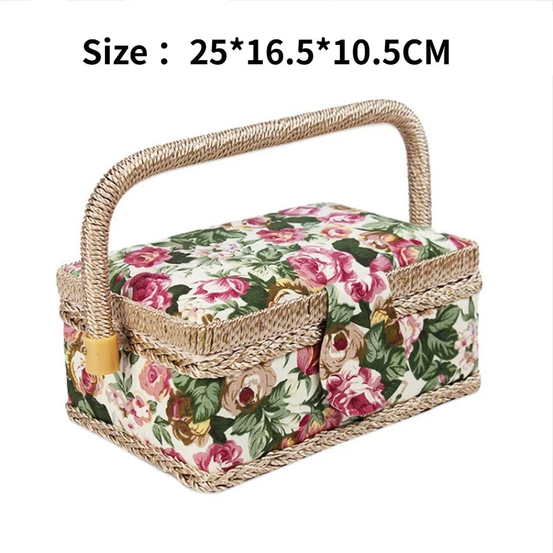 boîte couture rose clair rangement couture tissu imprimé poignée bois sac aiguilles européen doré