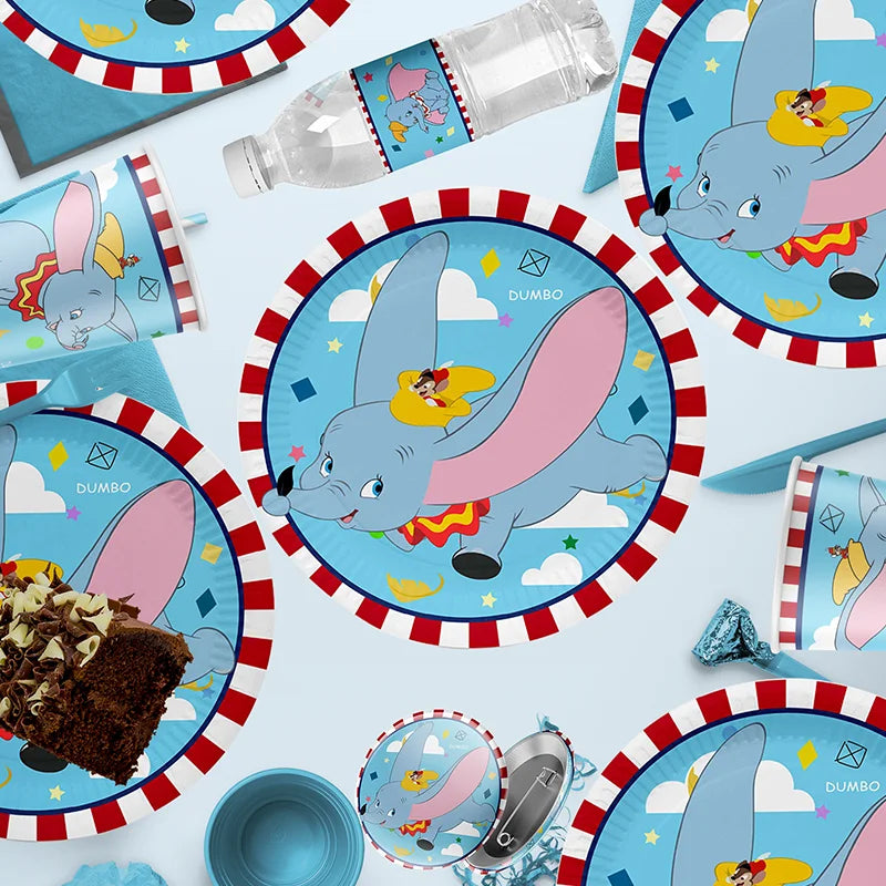 vaisselle jetable décoration anniversaire enfant éléphant volant assiettes gobelets bannière autocollants fond scène bleu