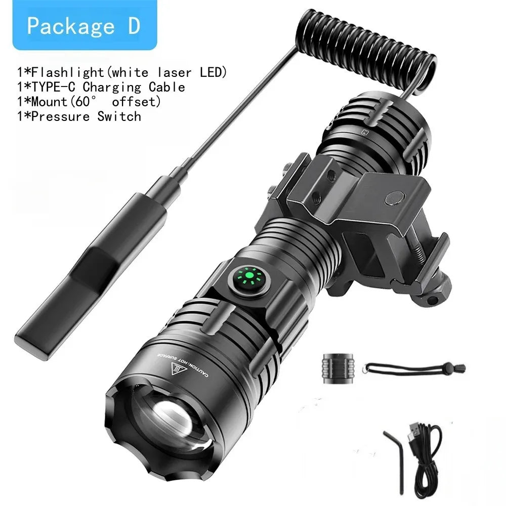 lampe torche rechargeable led noire moderne camping 500m lumiere intense durable sac transport cable