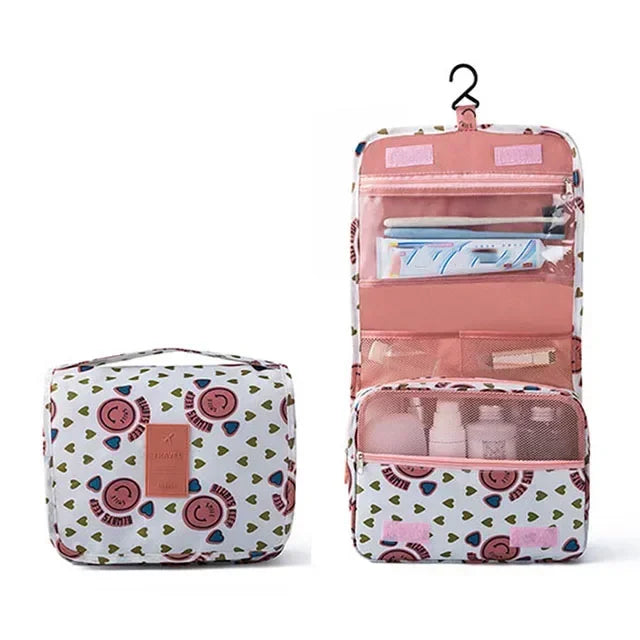 Sac toilette pliable oxford imprimé floral bleu clair motifs blancs roses bleus moderne pratique