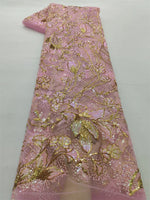 tissu décoratif floral brodé dorées translucide vert rose violet 100% polyester
