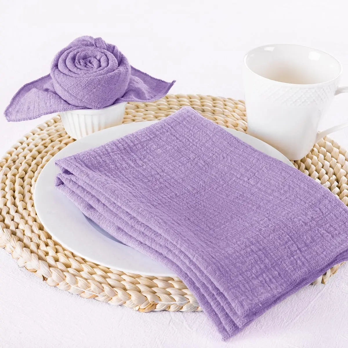 Serviettes table coton texture rugueuse rustique ruban jute fleur séchée violetclair 30x30cm mariage décoration