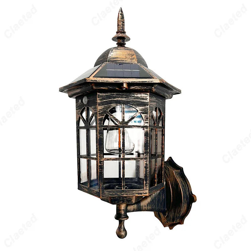 lampe murale solaire extérieure étanche noir marron texture bois verre transparent vintage rustique
