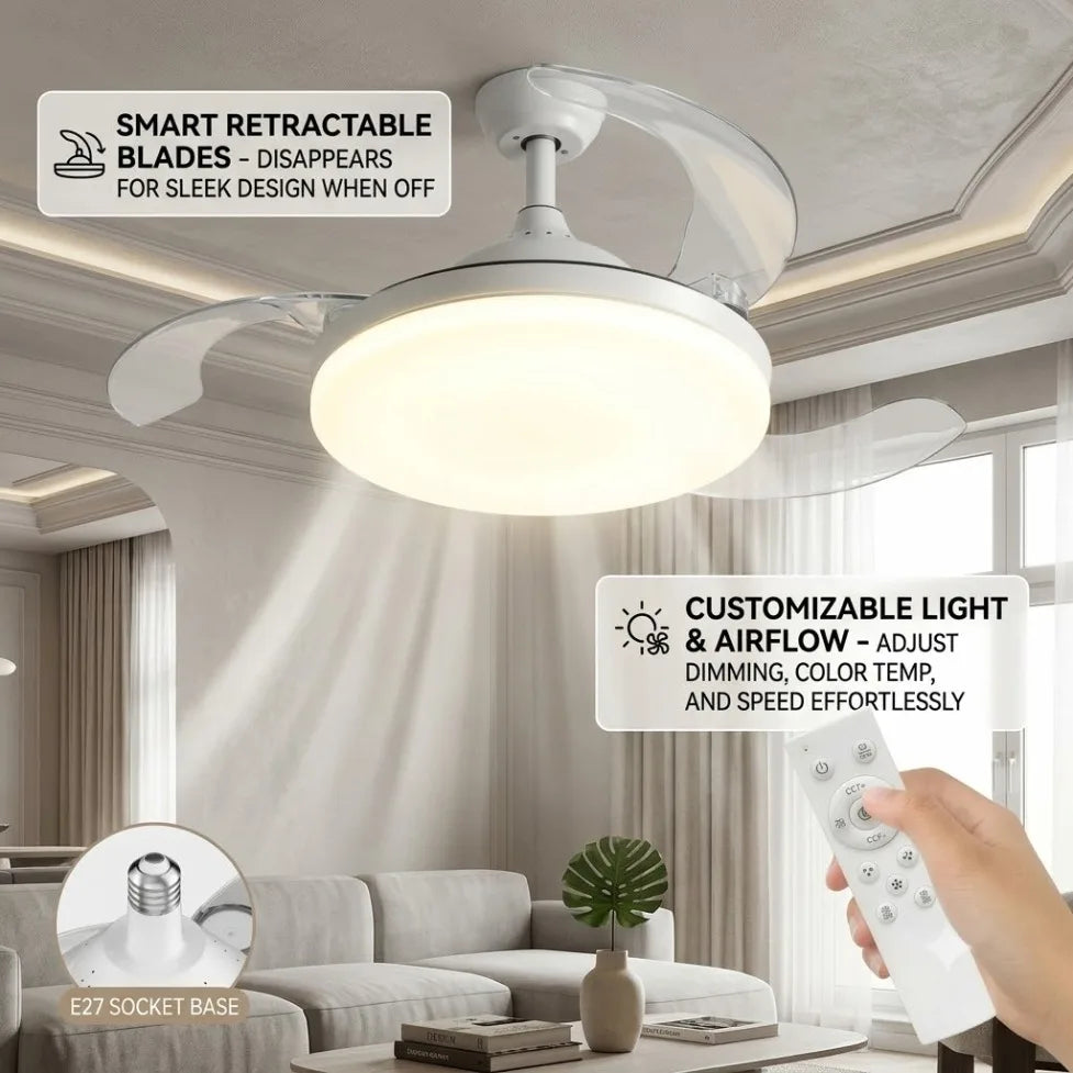 ventilateur led moderne blanc télécommande batterie sèche invisible fixe e27