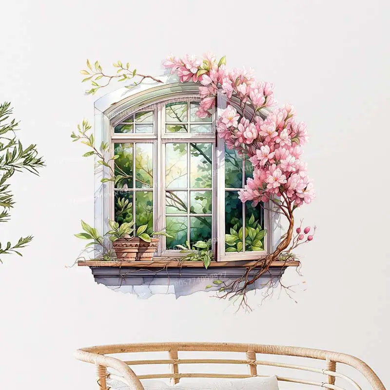 sticker mural fenêtre fleurs vases branches plante verte chambre salon restaurant pastoral réaliste adhésif