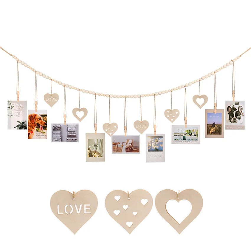 cadre mural photos bois boho rustique clips beige blanc simple geometric