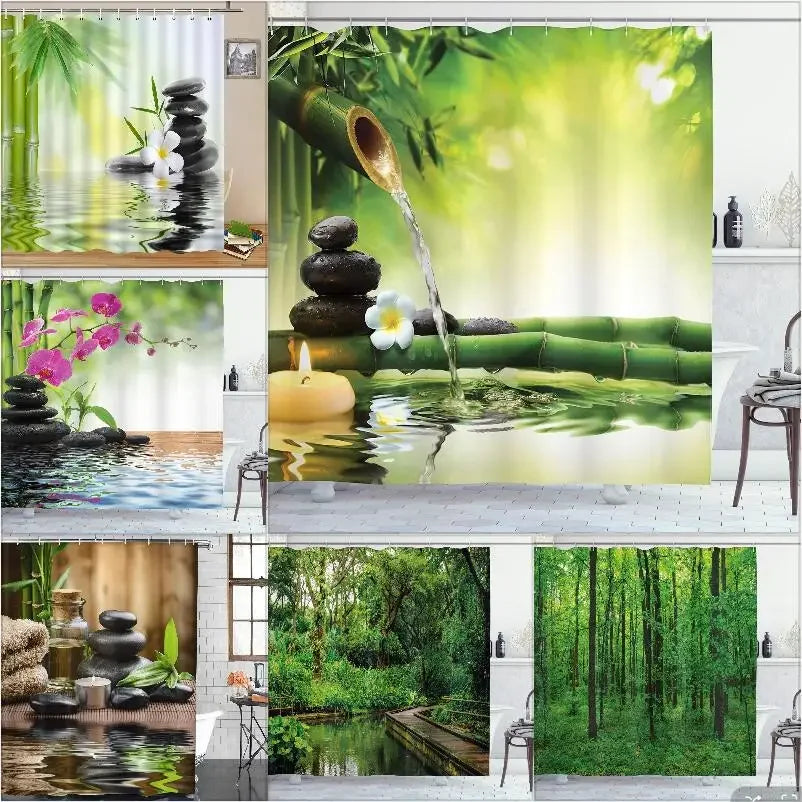 Rideau de douche en bambou naturel avec motif forêt tropicale