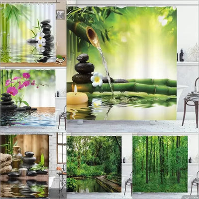 Rideau de douche en bambou naturel avec motif forêt tropicale