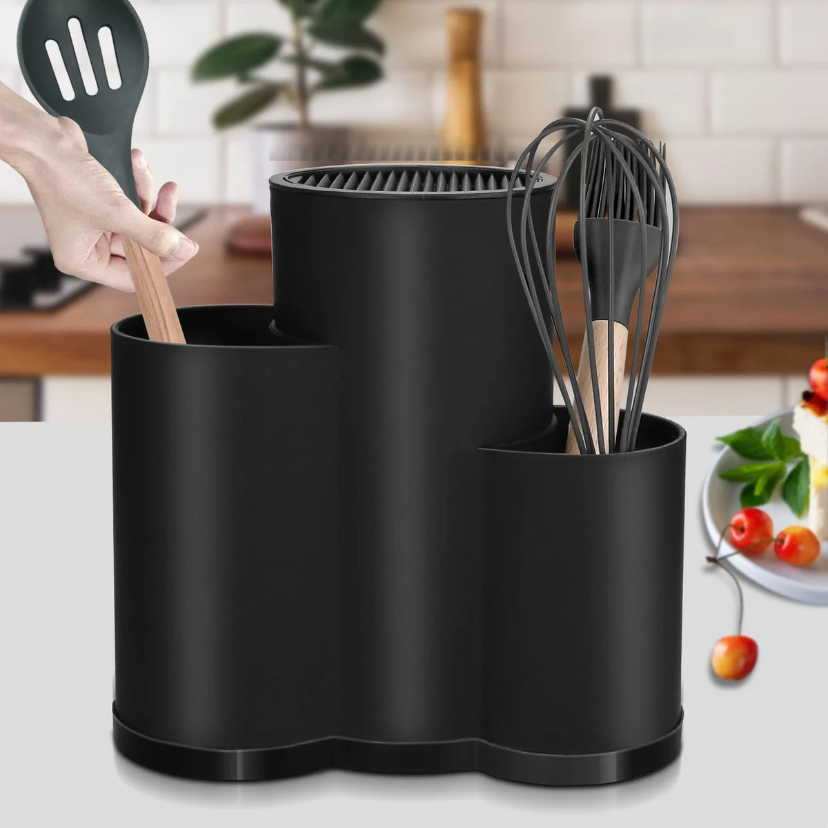 organisateur cuisine noir moderne cuillère couteau pince batteur respectueux environnement stockage multifonction