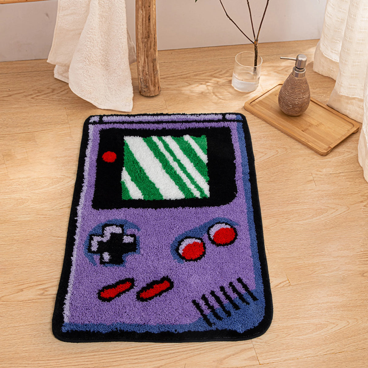 tapis polyester antidérapant violet noir blanc motif gameboy rétro usage intérieur sol chambre cuisine