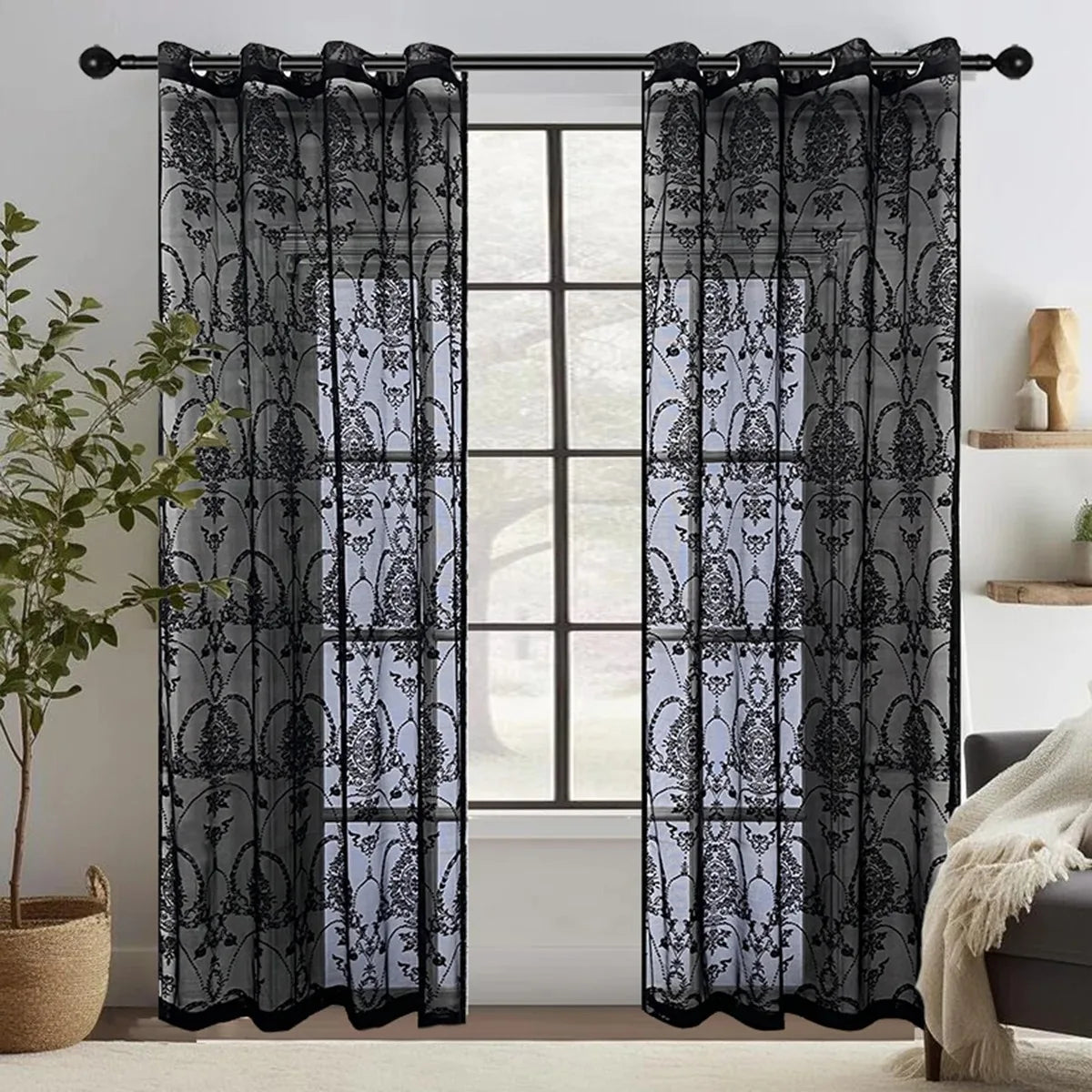 rideau noir blanc floral ajouré translucide classique élégant anneaux métalliques mur rideau fenêtre