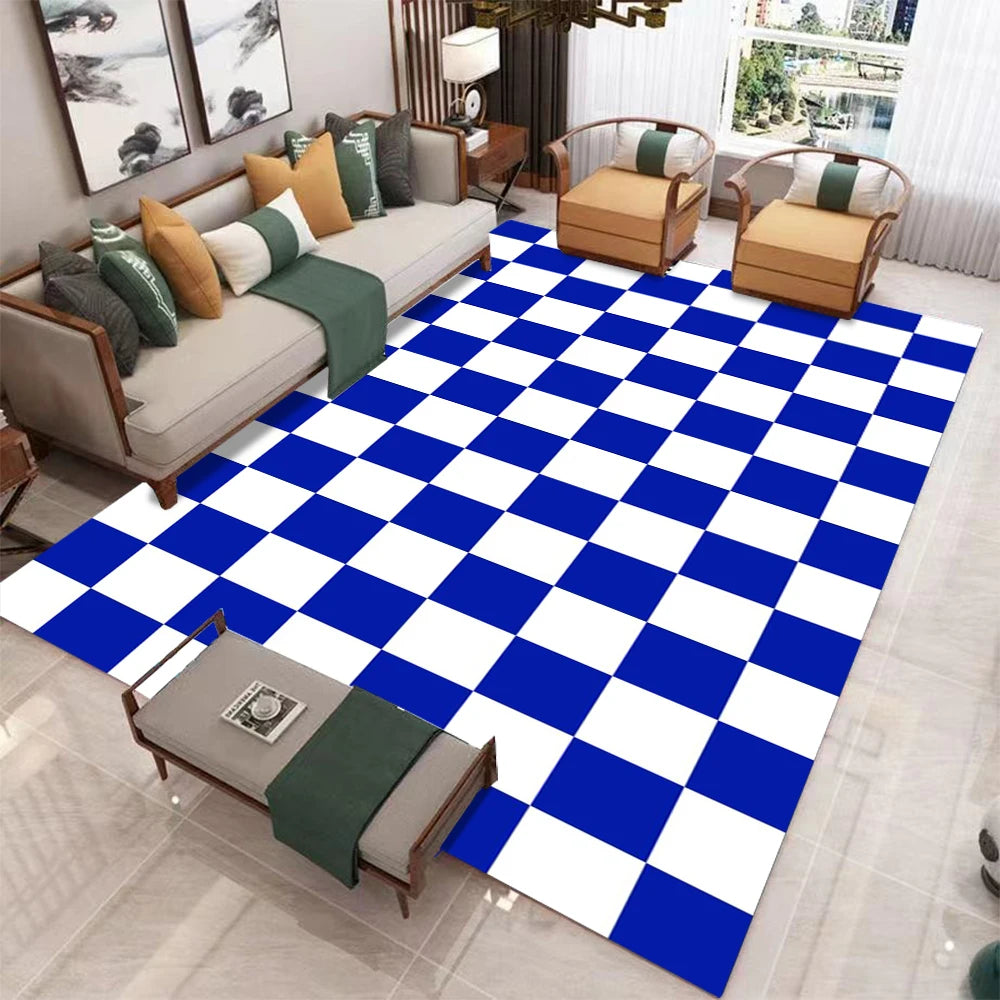 tapis salon moderne motif damier carreaux géométriques bleu vert blanc anti dérapant velours