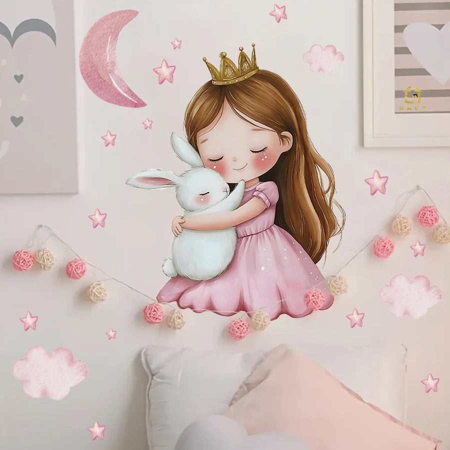 sticker mural dessin animé petite fille lapin nuages étoiles chambre enfant rose blanc doré
