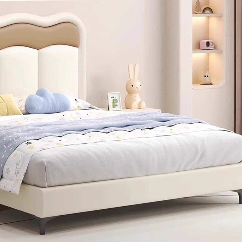 lit double moderne beige simili cuir oreiller coussin blanc dimensions 120x200cm