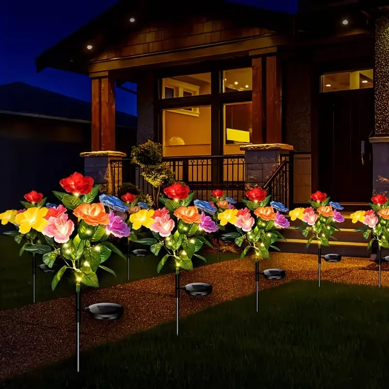 bouquet lumineux solaire fleurs artificielles rouge rose jaune bleu vert moderne clips solairesextérieur jardin