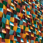 panneau mural décoratif 3d géométrique abstrait moderne triangles bois peints rouge orange Jaune Vert