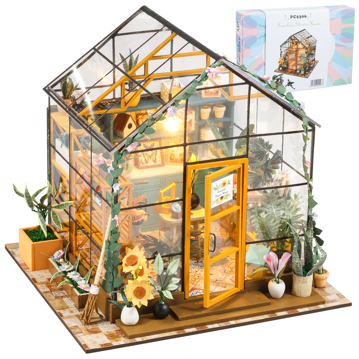 cabane miniature bois plante rustique meubles led jardinage fleurs transparente pastoralement artisanale