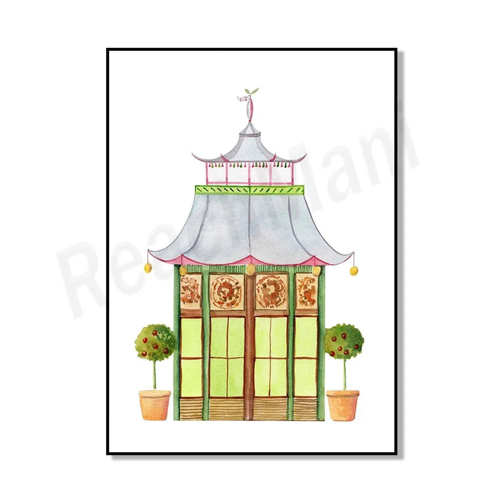 Une structure ornée de style asiatique avec un toit et des motifs floraux, entourée de pots de plantes vertes.
