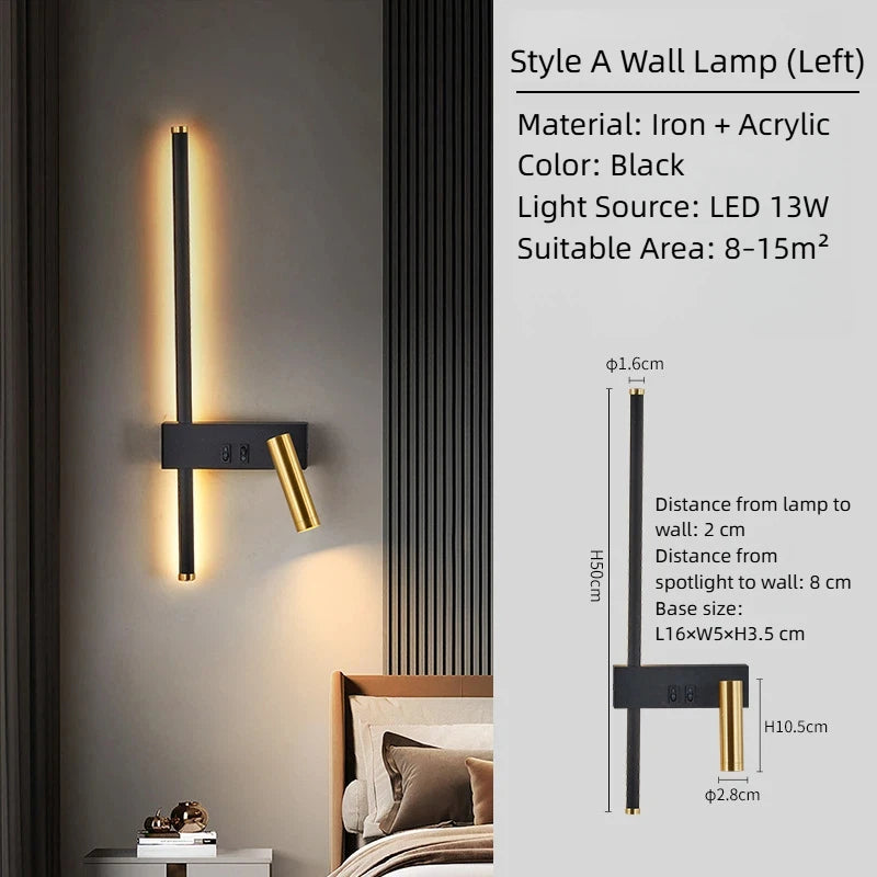lampe murale moderne led noir doré orientable salon chambre coucher minimaliste