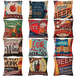housse coussin vintage bière vin motifs rétro multicolores coton lin décoration canapé chaise 45x45cm