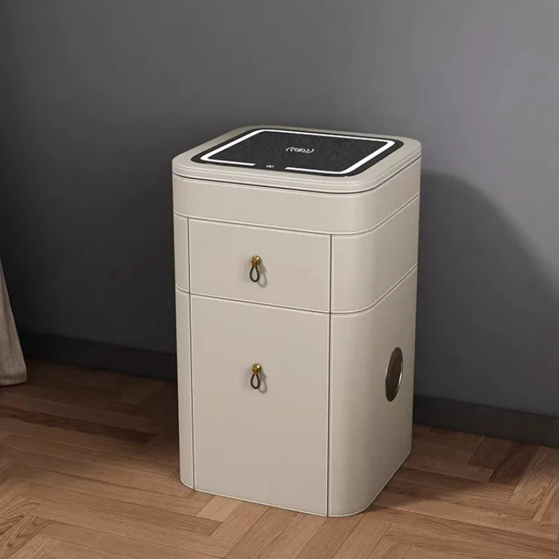 meuble rangement moderne beige clair portes tiroirs compartiments miroir lumineux minimaliste