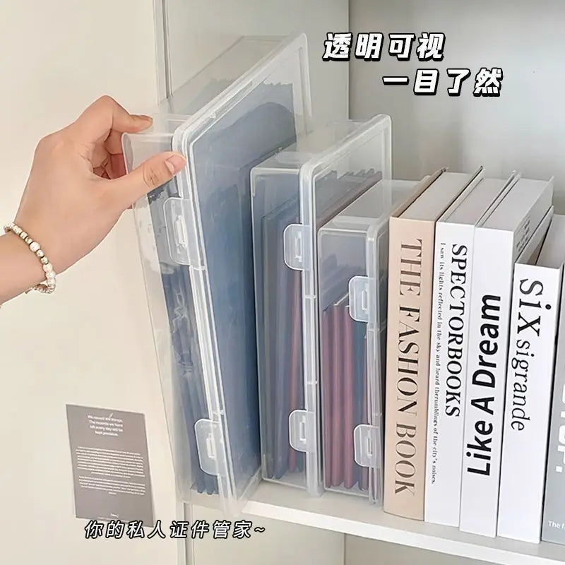 boîtes rangement transparentes modernes clips ruban adhésif marqueurs carnet notes calculatrice pochette documents étiquettes