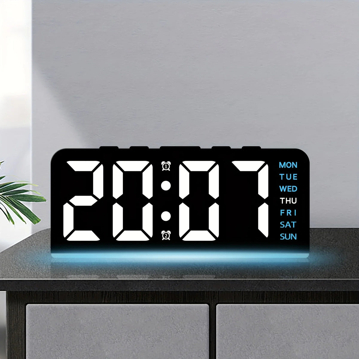 horloge numérique moderne double alarme veilleuse affichage date mode 12h 24h noir blanc bleu