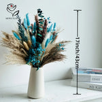 bouquet fleurs séchées naturel plumes feuilles vert bleu turquoise vase blanc décoration maison anniversaire