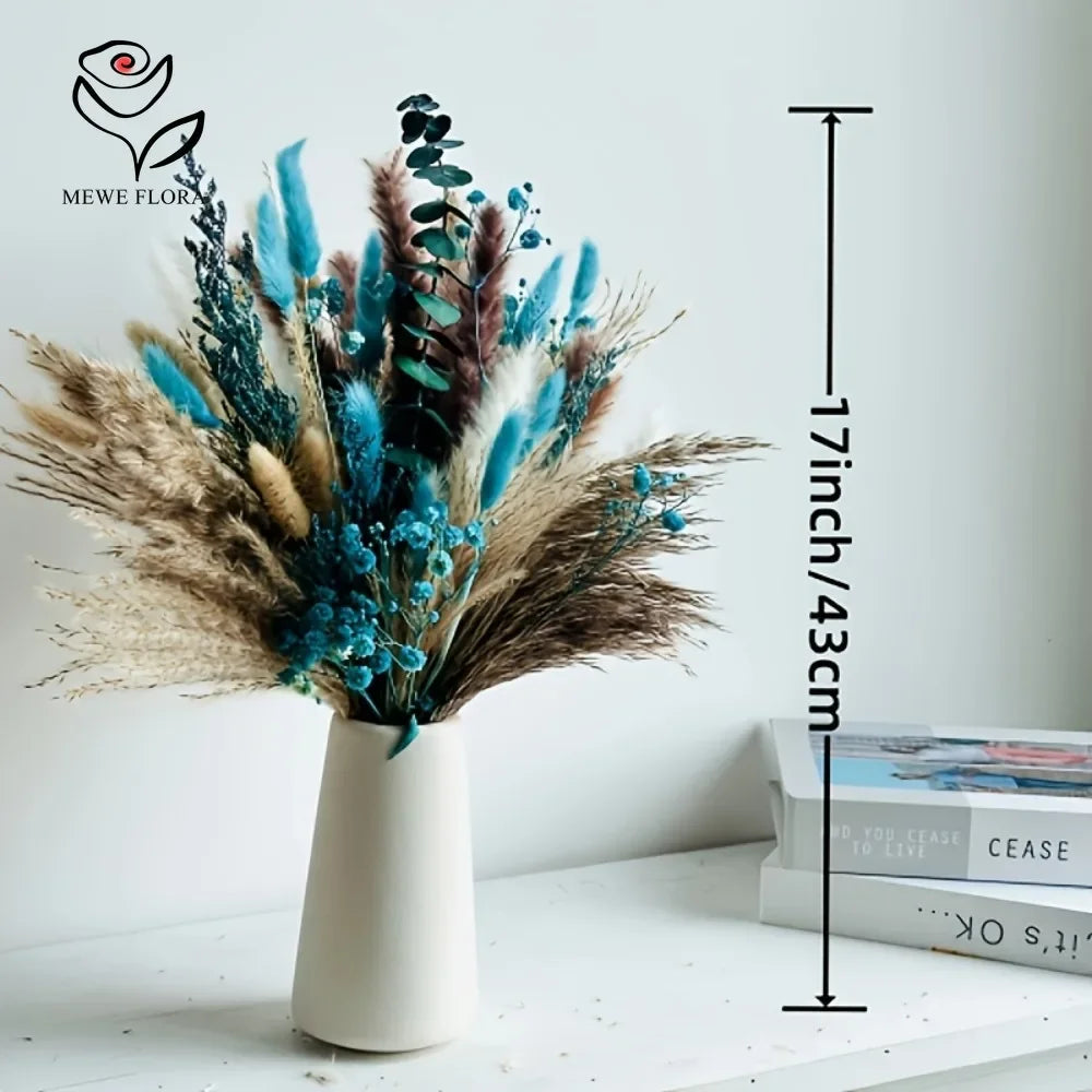 bouquet fleurs séchées naturel plumes feuilles vert bleu turquoise vase blanc décoration maison anniversaire