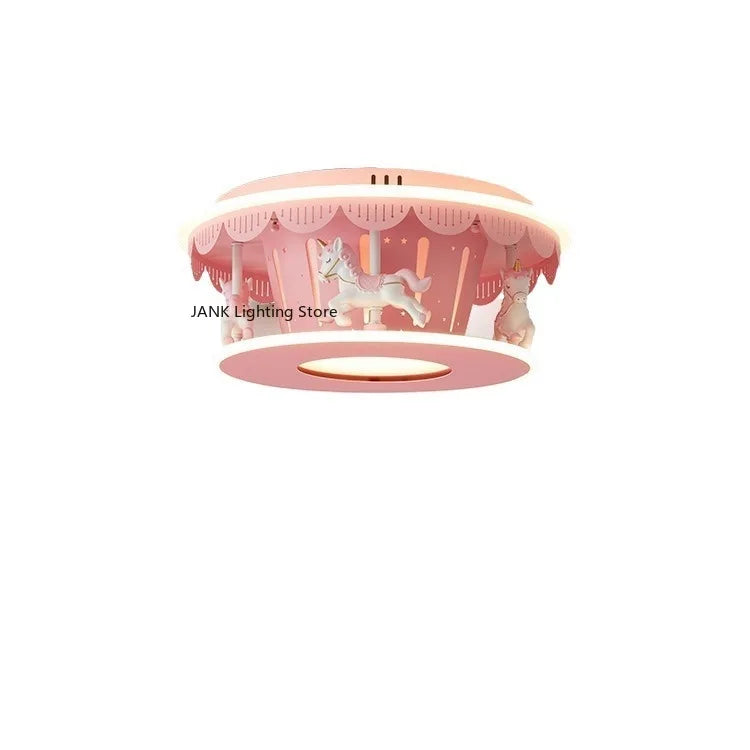 lampe enfantine rose carrousel chevaux blancs moderne éclairage chambre enfants interrupteur bouton LED