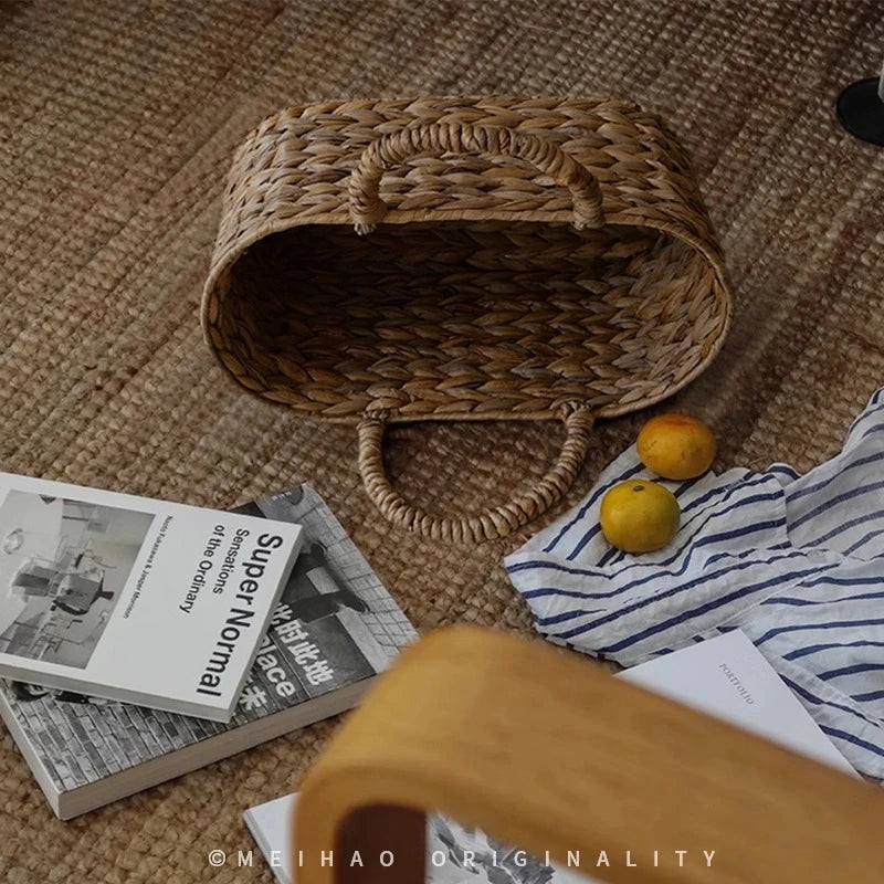 panier rangement rotin naturel tressé main double poignées organisation maison décor boho fruits orangers