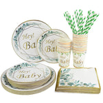 assiettes jetables anniversaire enfant vert doré hey baby guirlande feuilles textes festifs verres serviettes