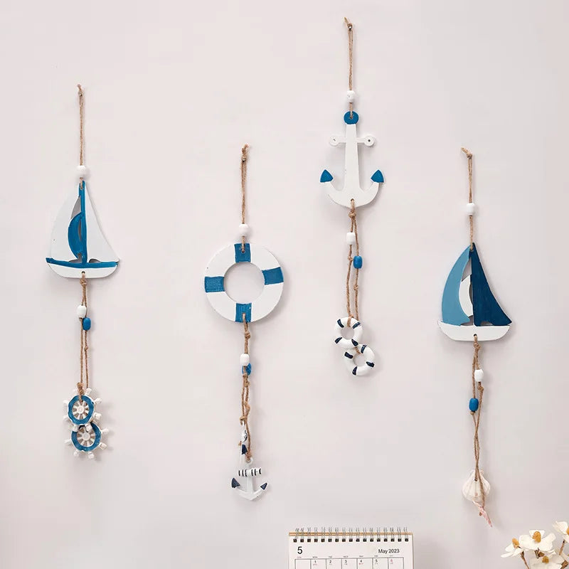 décorations murales thème marin bois bleu blanc ancres phares voiles roues navire coquillages étoiles