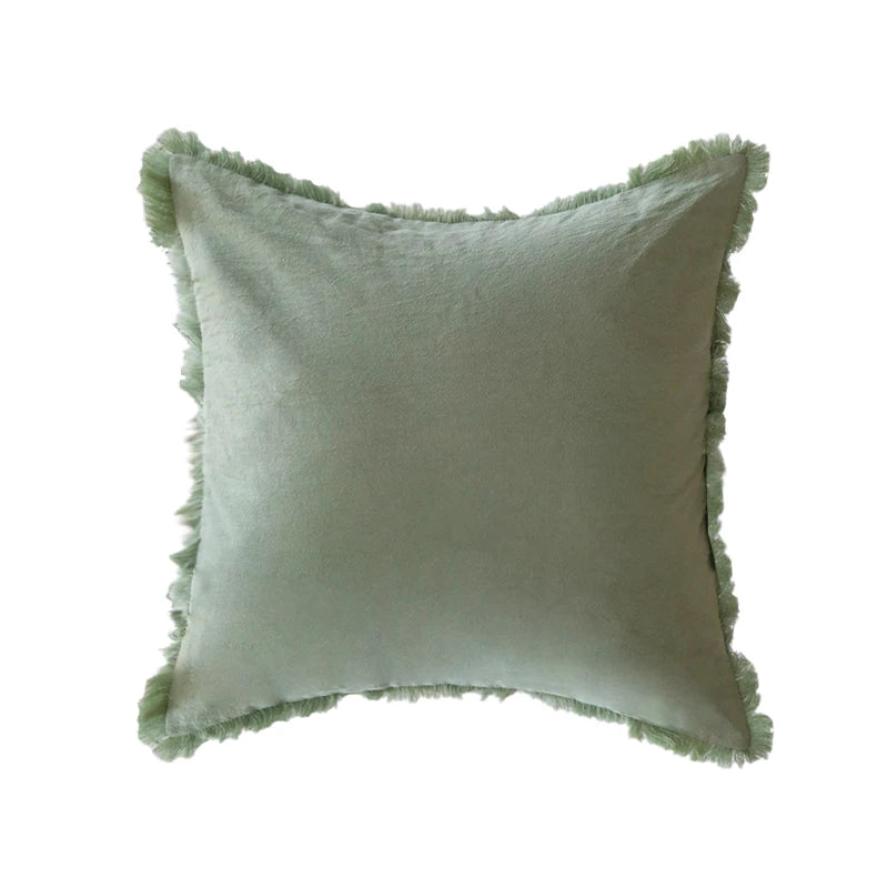 housse coussin carré vert pastel texture douce franges moderne salon chambre car décoration