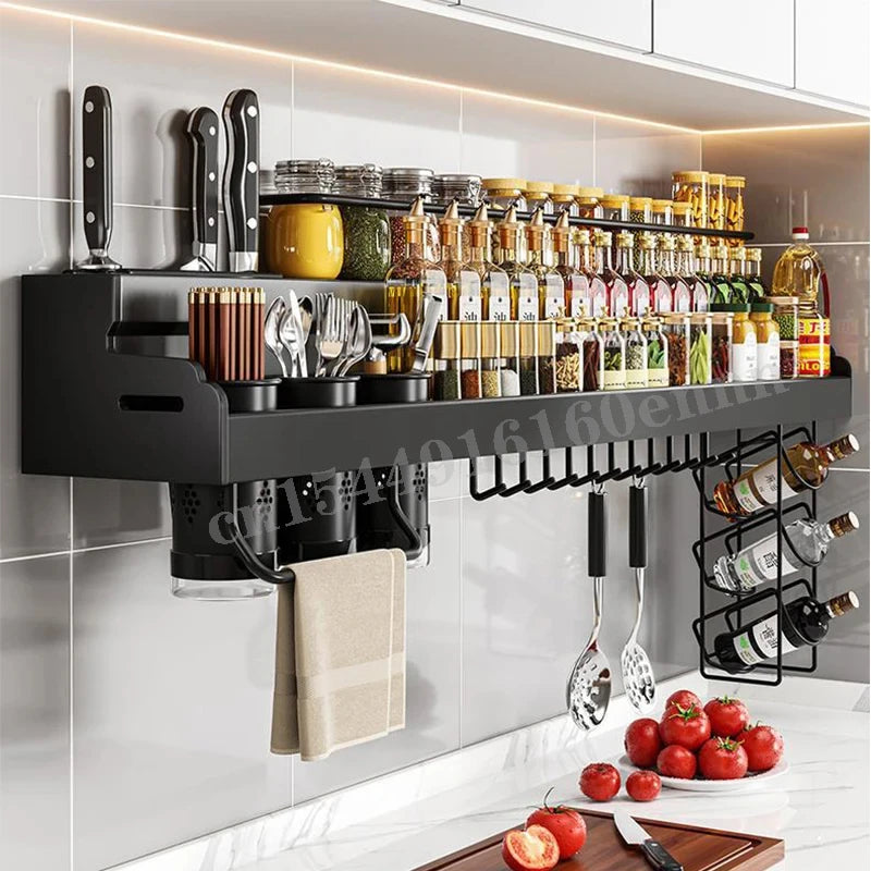 étagère murale cuisine noir moderne adhésif assaisonnement couteaux cuillères serviettes bouteilles huile