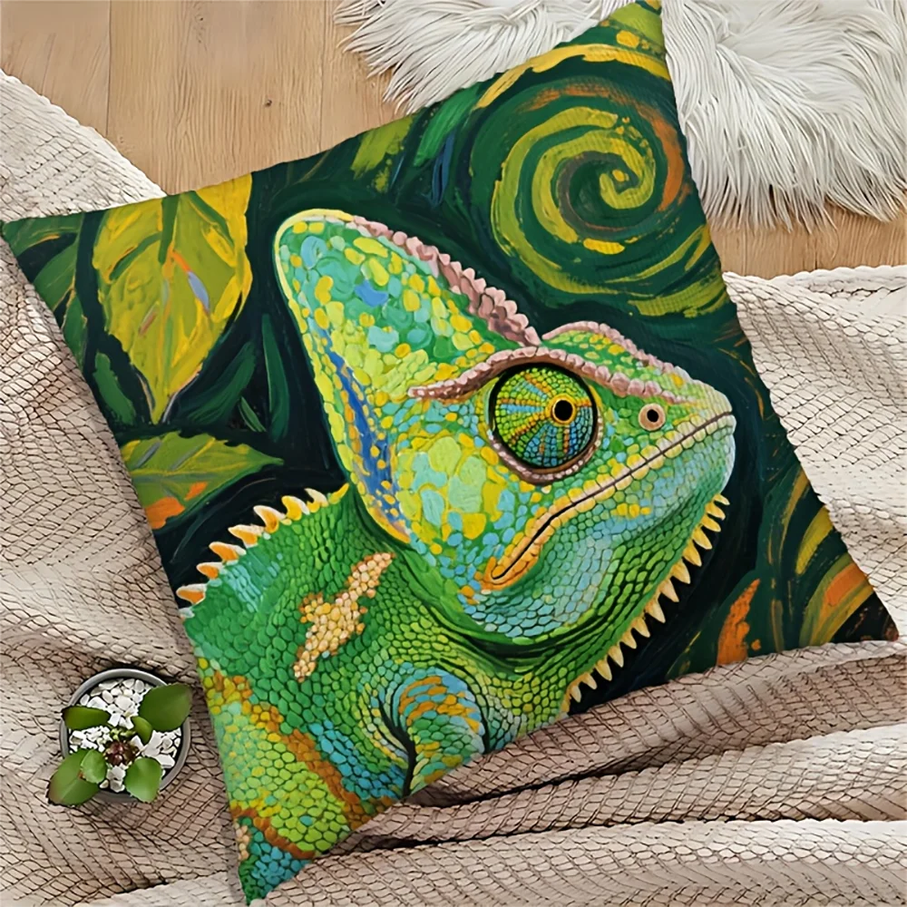 housse coussin motif reptile moderne 45x45cm polyester peacheskin verte bleue jaune zipper salon chambre