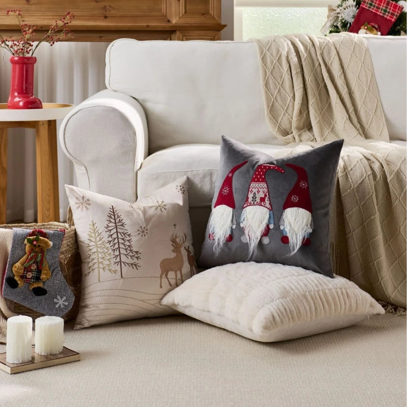 housse coussin brodée rennes noël traditionnelle décorative coton polyester gris beige vert bleu rouge