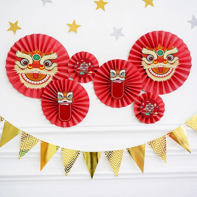 décoration murale mariage anniversaire fête rouge lion floral nuages papier fan rubans ballons dorés