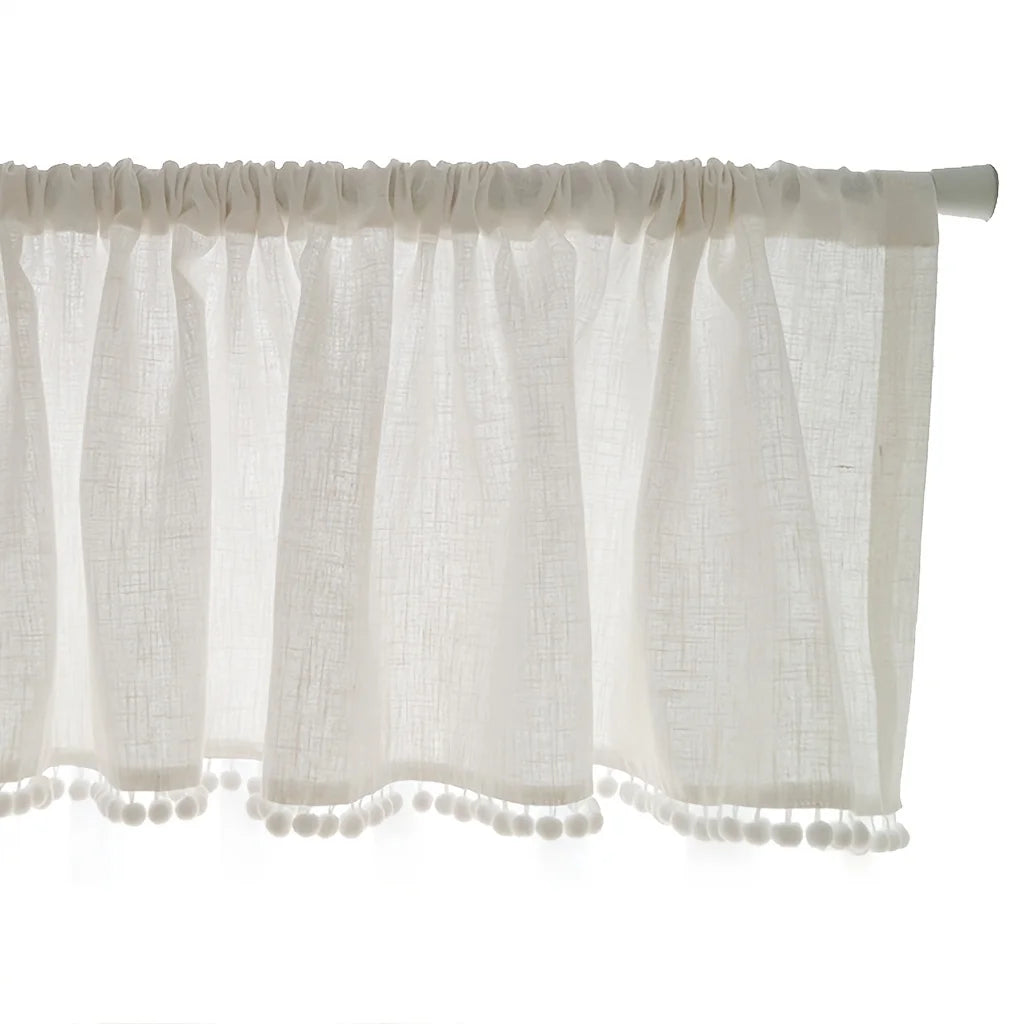 rideau blanc tissu lin pompons moderne rustique fenêtre 100x45cm 132x45cm 132x61cm
