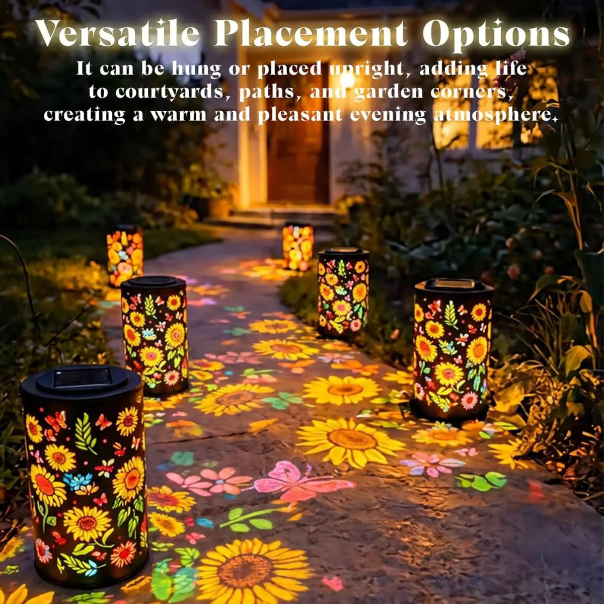 lanterne solaire dorée tournesol moderne extérieur ip65 led autoinstallation festive jardin doré motifs floraux