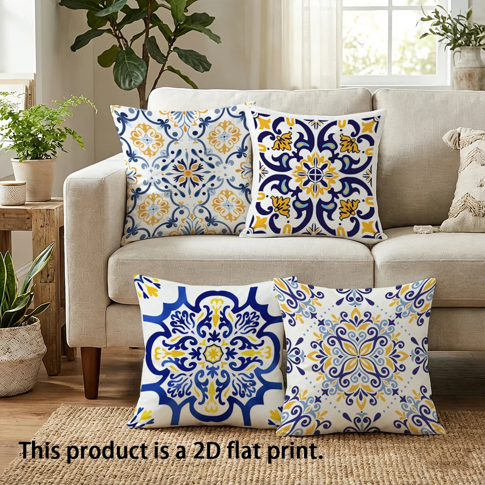 housse coussin ornements floraux moderne 100% polyester blanc bleu jaune 40x40cm 45x45cm 50x50cm 60x60cm